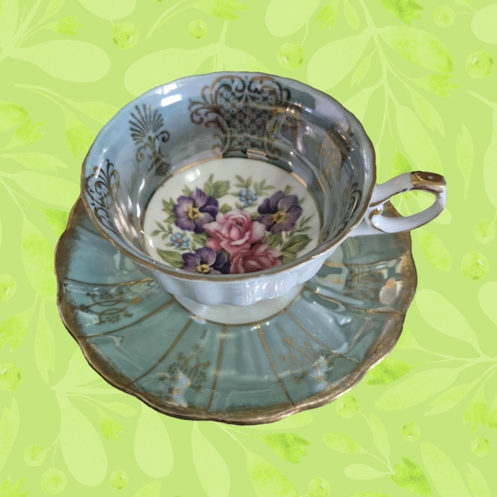 SHAFFORD Vintage Teal Floral Tea Cup